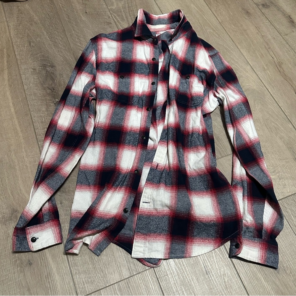 GAP Mens Red Cream and Black Plaid Flannel Shirt in Size Large Tall